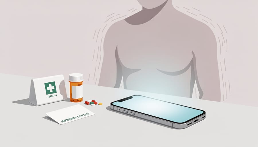 A mobile phone and glass of water on a kitchen table with a blurred adult silhouette in the background, symbolizing getting help during a severe anxiety episode.