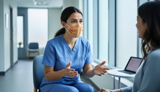 “A psychiatric and mental health nurse in a clinic setting calmly engaging with a patient, representing compassionate therapeutic care in Canada.”