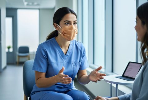 “A psychiatric and mental health nurse in a clinic setting calmly engaging with a patient, representing compassionate therapeutic care in Canada.”