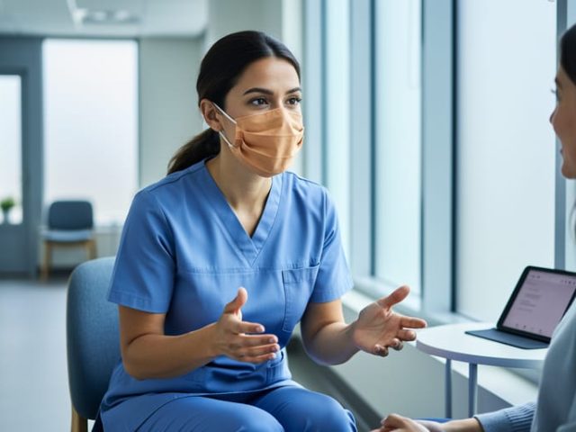 “A psychiatric and mental health nurse in a clinic setting calmly engaging with a patient, representing compassionate therapeutic care in Canada.”