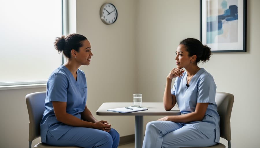 Psychiatric nurse sitting with a patient in a quiet clinic room, showing supportive, patient-centered communication.