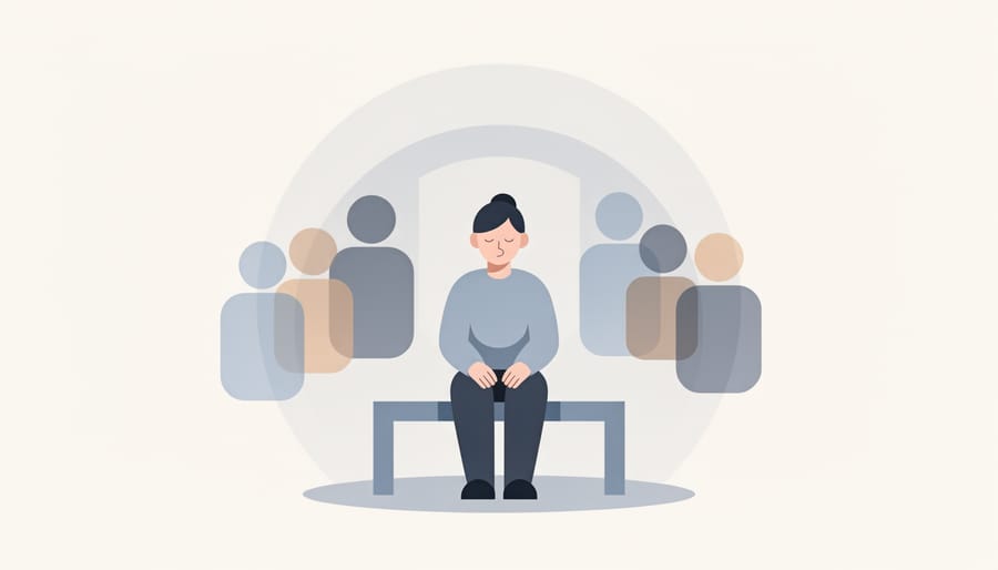 Employee seated calmly in a quiet office hallway, representing psychological safety and support