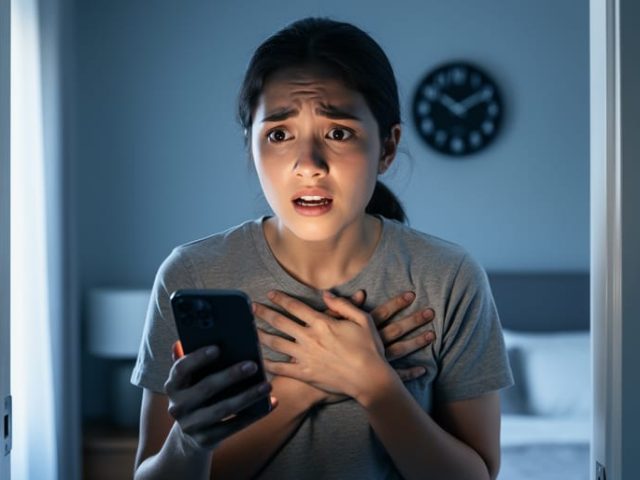 Person clutching their chest and holding a phone in a softly lit room, expressing urgency and distress during a severe anxiety attack.