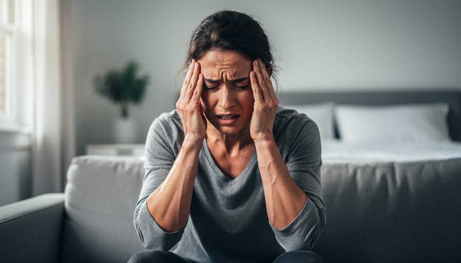 A person sitting on the edge of a bed with hands over their chest, showing distress consistent with a severe anxiety episode.