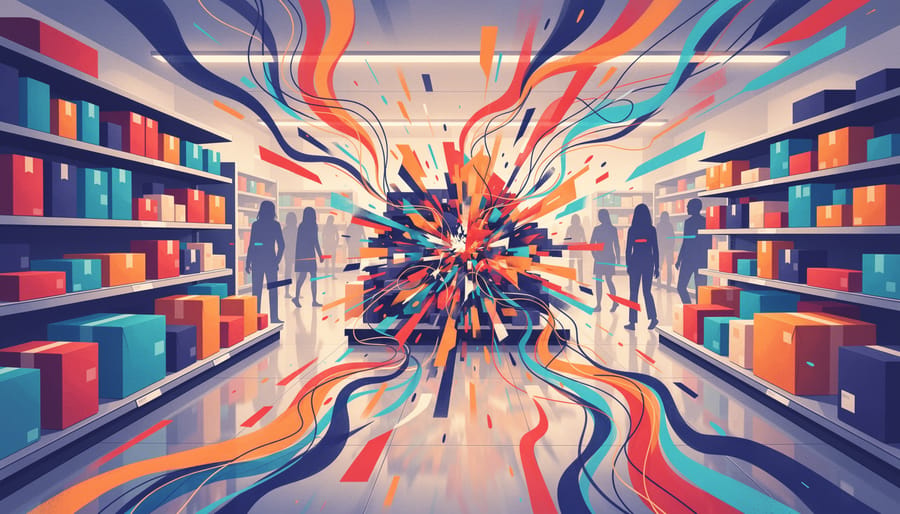 A shopping basket and cart wheel in a supermarket aisle with scattered items, symbolizing escalating anxiety in a crowded shopping setting.