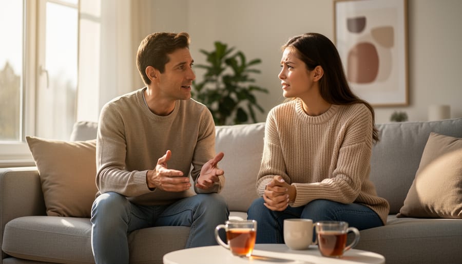 Two people sitting facing each other in a quiet room with open, supportive body language.