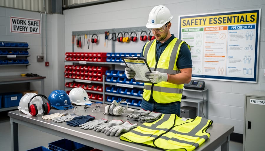 Worker reviewing PPE items in a modern workplace safety area with a safety vest and hard hat