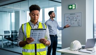 Two colleagues in a modern workplace wearing safety vests review workplace safety materials, with personal protective equipment visible on a table in the background.