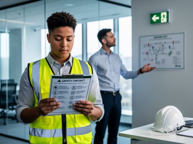 Two colleagues in a modern workplace wearing safety vests review workplace safety materials, with personal protective equipment visible on a table in the background.