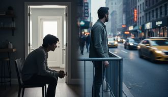“Photo-realistic illustration of two nervous figures in everyday settings, representing social evaluation anxiety and feeling trapped or unable to escape.”