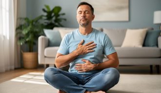 An adult seated comfortably with eyes closed, practicing calming breathing and mindfulness in a quiet living room.