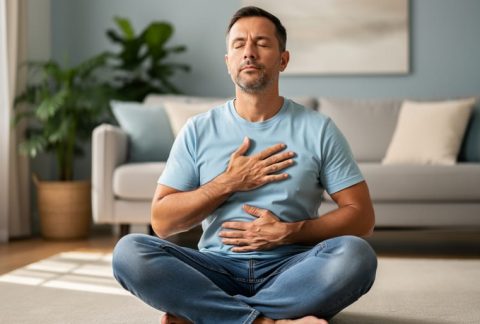 An adult seated comfortably with eyes closed, practicing calming breathing and mindfulness in a quiet living room.