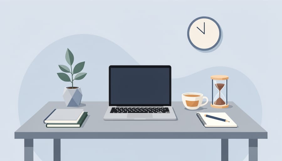 Overhead view of a desk with a notebook, steaming mug, desk lamp, and phone in a calm setting.