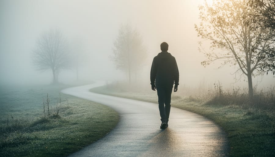 Person walking along a quiet foggy path outdoors, representing recovery and returning to calm after anxiety.