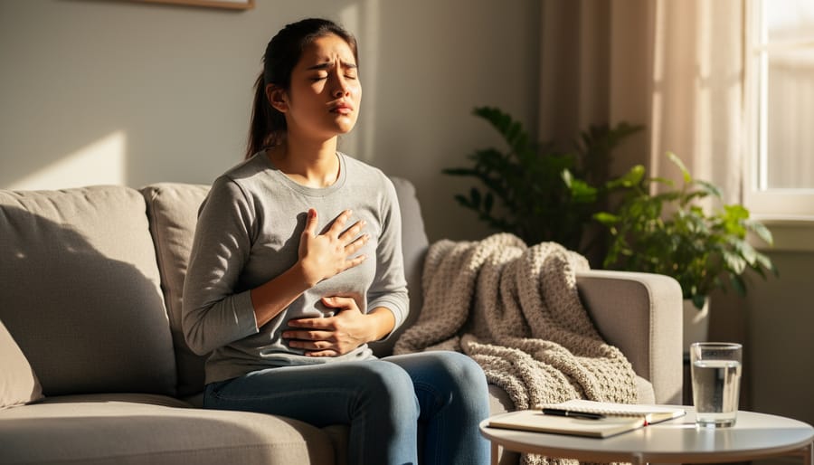 Person sitting quietly with one hand on their chest while holding a small stone, conveying grounding and calm during anxiety.