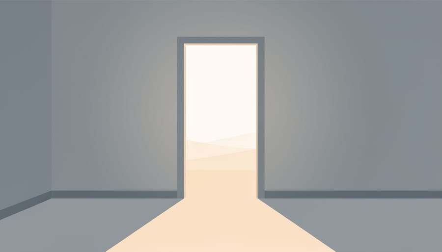 Figure hesitating at a doorway with bright outdoor street light glowing beyond, symbolizing difficulty leaving a safe space