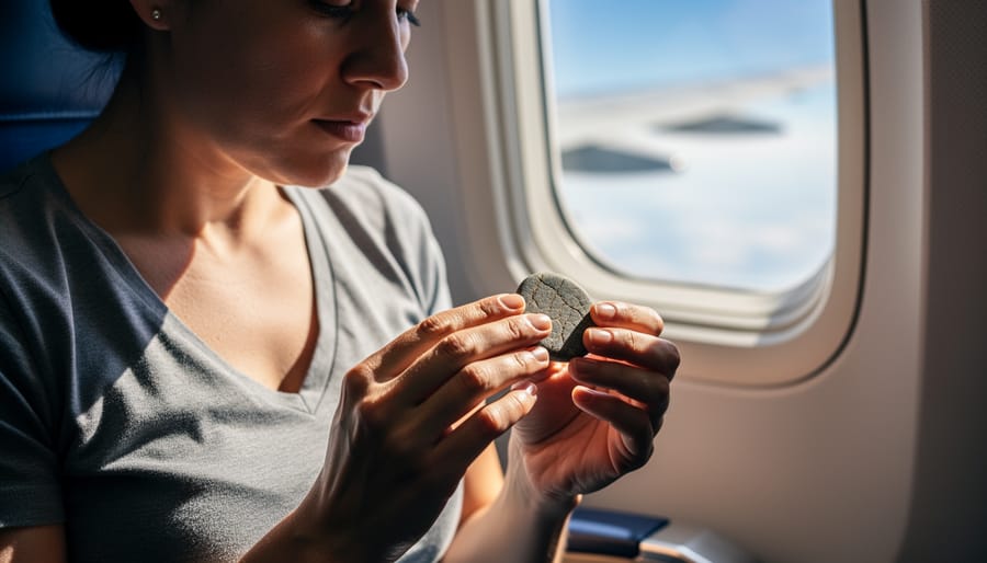 A person sitting with eyes closed while holding an ice cube, using a calming tactile grounding method during air hunger anxiety.