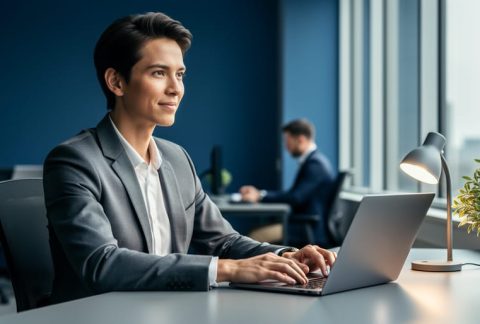 Professional seated at a desk in a modern office, with a laptop and desk plant, representing coping strategies and workplace support.