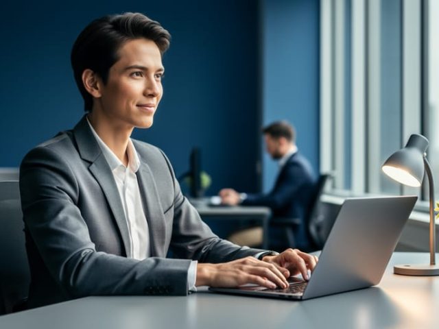 Professional seated at a desk in a modern office, with a laptop and desk plant, representing coping strategies and workplace support.