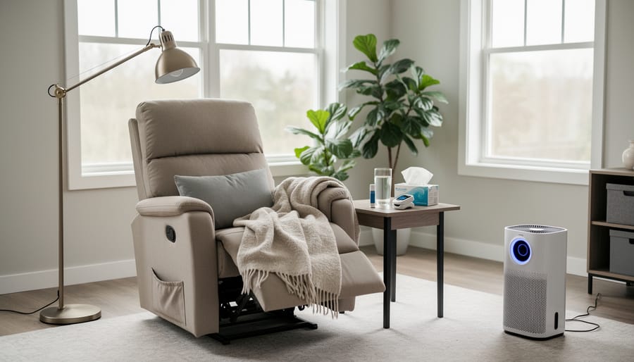 A calm, quiet room setup with a chair, glass of water, and textured grounding object near an open doorway letting in soft light.