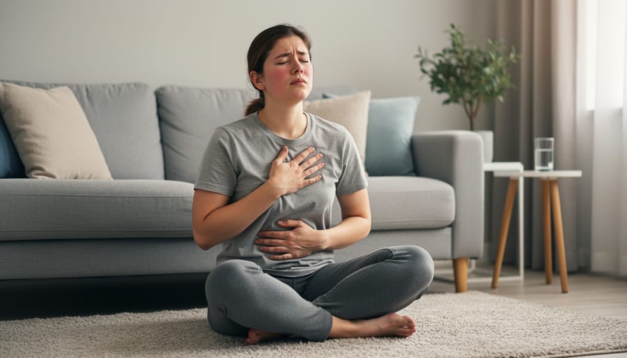 Person sitting with eyes closed and relaxed posture in a yoga studio, illustrating slow breathing for anxiety relief.
