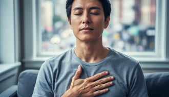 Person seated indoors with a hand on their chest, practicing slow, calming breaths to manage anxiety-related air hunger.