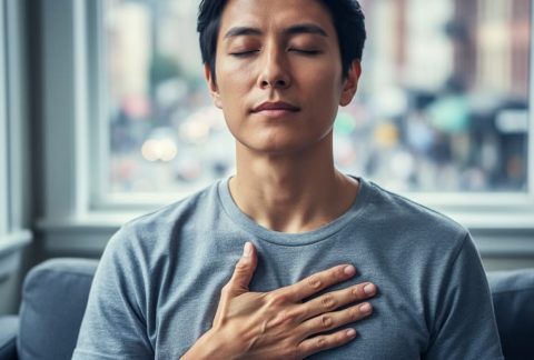 Person seated indoors with a hand on their chest, practicing slow, calming breaths to manage anxiety-related air hunger.