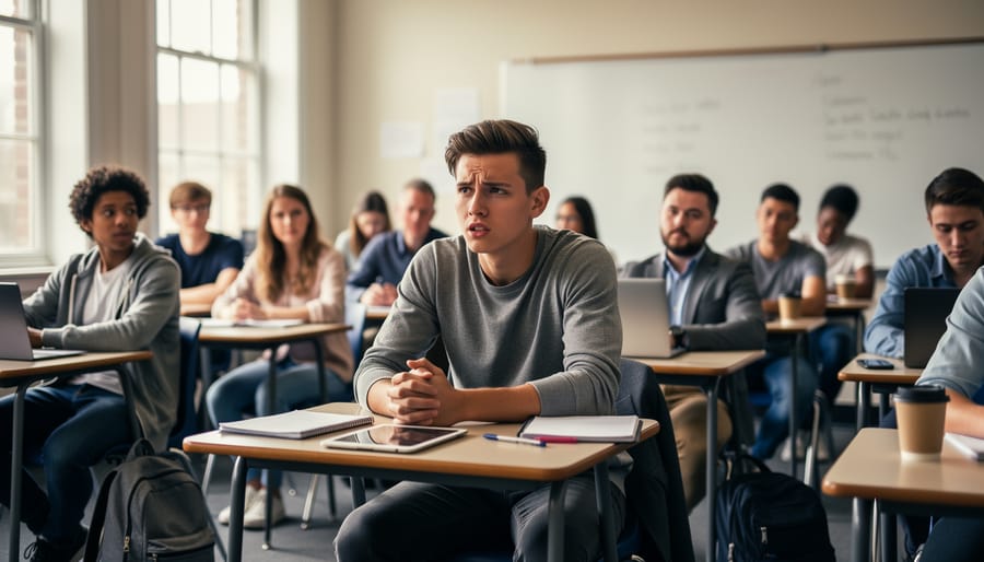 Person in a lecture hall with classmates blurred, looking tense and self-conscious in a classroom setting