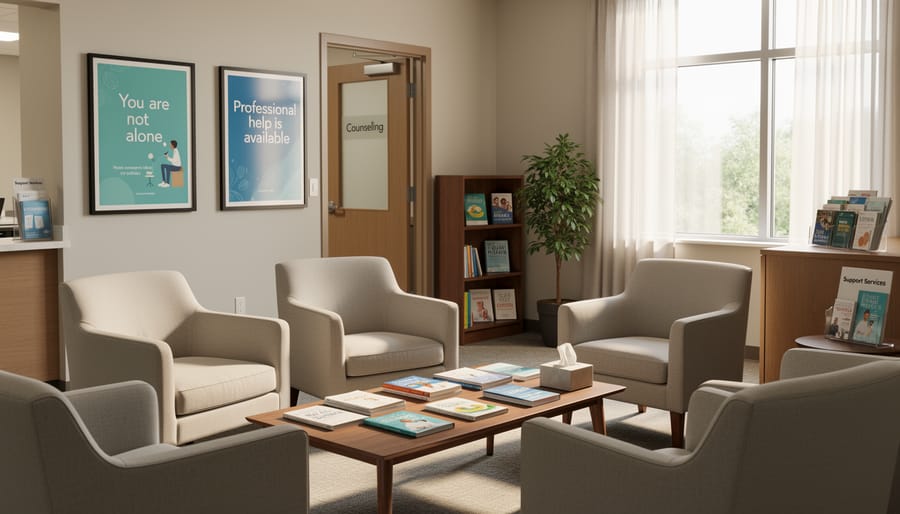 Quiet waiting area with chairs and plants near a window in a therapist’s office setting.