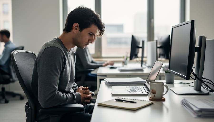 Office worker seated at a desk with their head in their hands in a muted workplace environment.
